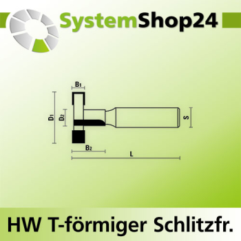 KLEIN HW T-förmiger Schlitzfräser S12mm D1 28mm D2 9,5mm B1 8mm B2 21mm L65mm Z2