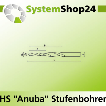 KLEIN HS "Anuba" Stufenbohrer Z2 S6,5mm Nr. 13 D1 5,4mm D2 6,5mm B20mm B1 50mm L80mm Rotation RH