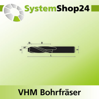 KLEIN VHM Bohrfräser Rechtslauf RL / Rechtsdrall - RD Positive Spirale - Up Cut S16mm D16mm B52mm B1 9mm L120mm Z2