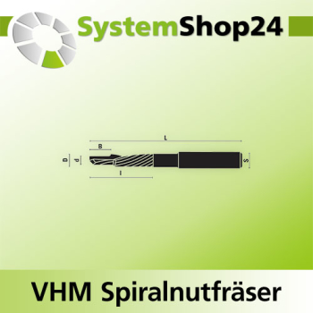KLEIN VHM Schlichtfräser mit Spiralnut Rechtslauf RL / Rechtsdrall - RD Positive Spirale - Up Cut Z1 S8mm D8mm d3mm B5mm L80mm I30mm