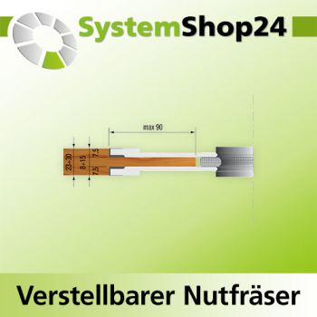 KLEIN HW Verstellbarer Nutfräser mit Wendeplatten für Schlitz-Zapfen-Verbindungen D250mm d30mm B8-15mm Z4 V4 E-max 100