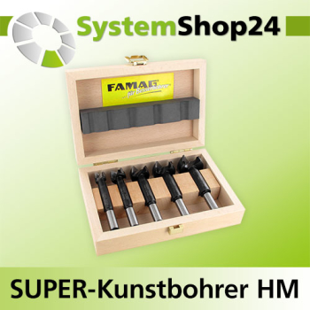 FAMAG SUPER-Kunstbohrer HM-bestückt 5-teiliger Satz im Holzkasten 15, 20, 25, 30, 35mm