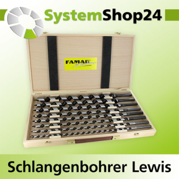 FAMAG Schlangenbohrer WS Lewis 8-teilig im Holzkoffer GL460mm NL400mm D10, 12, 14, 16, 18, 20, 22, 24mm