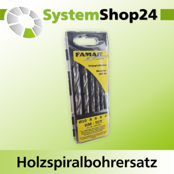 FAMAG Profi Holzspiralbohrersatz 5-teilig, D4, 5, 6, 8, 10mm HM in neuer kompakter Kunststoffkassette