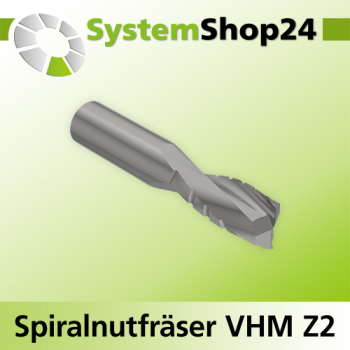 Systemshop24 VHM Spiralnutfräser für Weichholz Z2 S16mm D16mm AL32mm GL80mm RL-LD / negativ / Down Cut