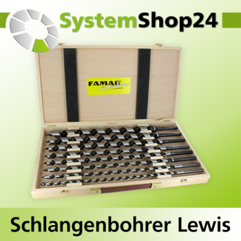 FAMAG Lewisbohrer-Satz - 8-teilig im Holzkoffer D10, 12, 14, 16, 18, 20, 22, 24mm, GL320mm, NL255mm