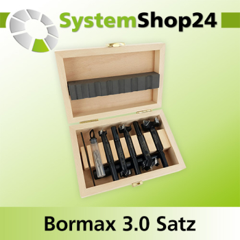 FAMAG Bormax 3.0 HM prima Set 6-teiliger Satz im Holzkasten D15, 20, 25, 30, 35mm inkl. Bohrerverlängerung 125mm inkl. Zentrsp.,Vorb. D4mm