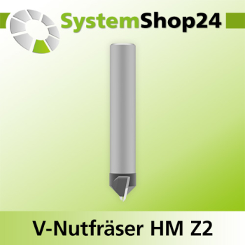 Systemshop24 V-Nut- und Schriftenfräser mit Achswinkel HM Z2 D9,5mm (3/8") AL12,7mm (1/2") 90° GL48mm S8mm RL