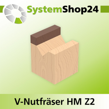 Systemshop24 V-Nut- und Schriftenfräser mit Achswinkel und Kugellager am Schaft HM Z2 D16mm AL12,7mm (1/2") 90° GL57mm S8mm RL