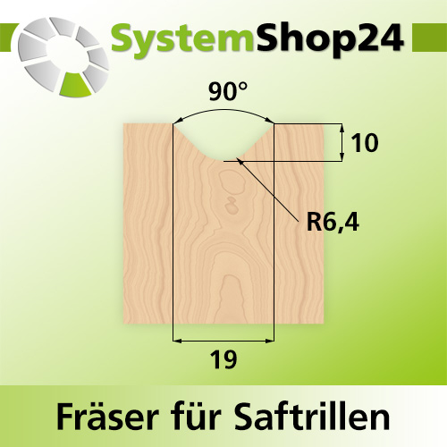 Systemshop24 Fräser für Saftrillen HM Z3 D19mm (3/4") AL10mm R6,4mm (1/4") 45° GL57mm S8mm RL