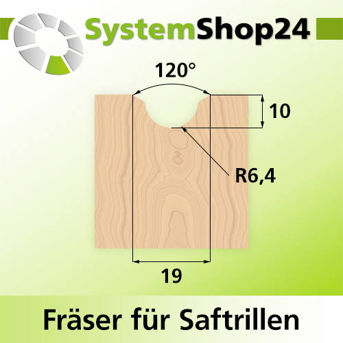 Systemshop24 Fräser für Saftrillen HM Z3 D19mm (3/4") AL10mm R6,4mm (1/4") 60° GL57mm S8mm RL