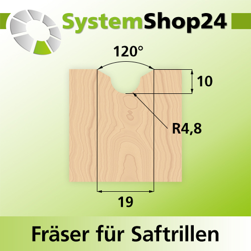 Systemshop24 Fräser für Saftrillen HM Z3 D19mm (3/4") AL10mm R4,8mm 60° GL57mm S8mm RL