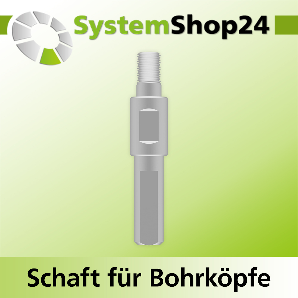 Systemshop24 Schaft für Bohrköpfe D31-49mm mit Schaft Gewinde innen M8 mit Passsitz D12,7mm (1/2") SW11mm NL50mm GL65mm S10mm rund mit Spannfläche und Schraube