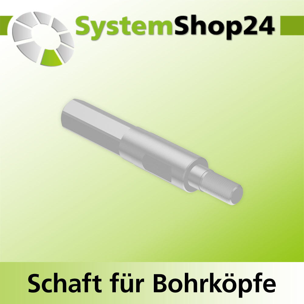 Systemshop24 Schaft für Bohrköpfe D15-30mm mit Schaft Gewinde innen M6 mit Passsitz D10mm SW9mm NL50mm GL65mm S10mm sechskant